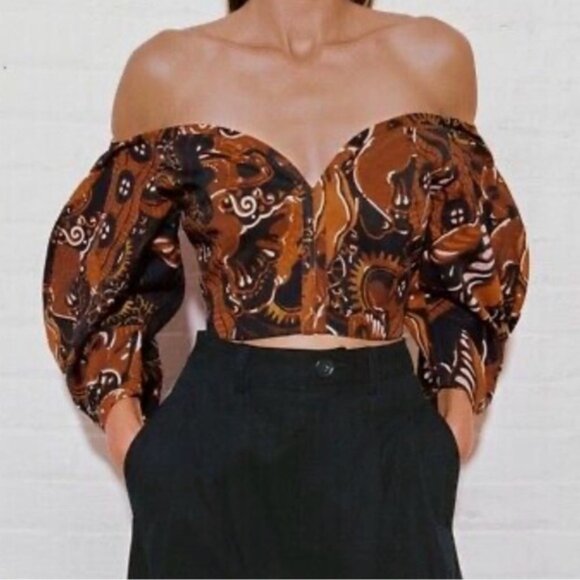 NWT Mara Hoffman Juana Black & Brown Abstract Print Cropped Top reg $295 size 0 - Picture 11 of 15